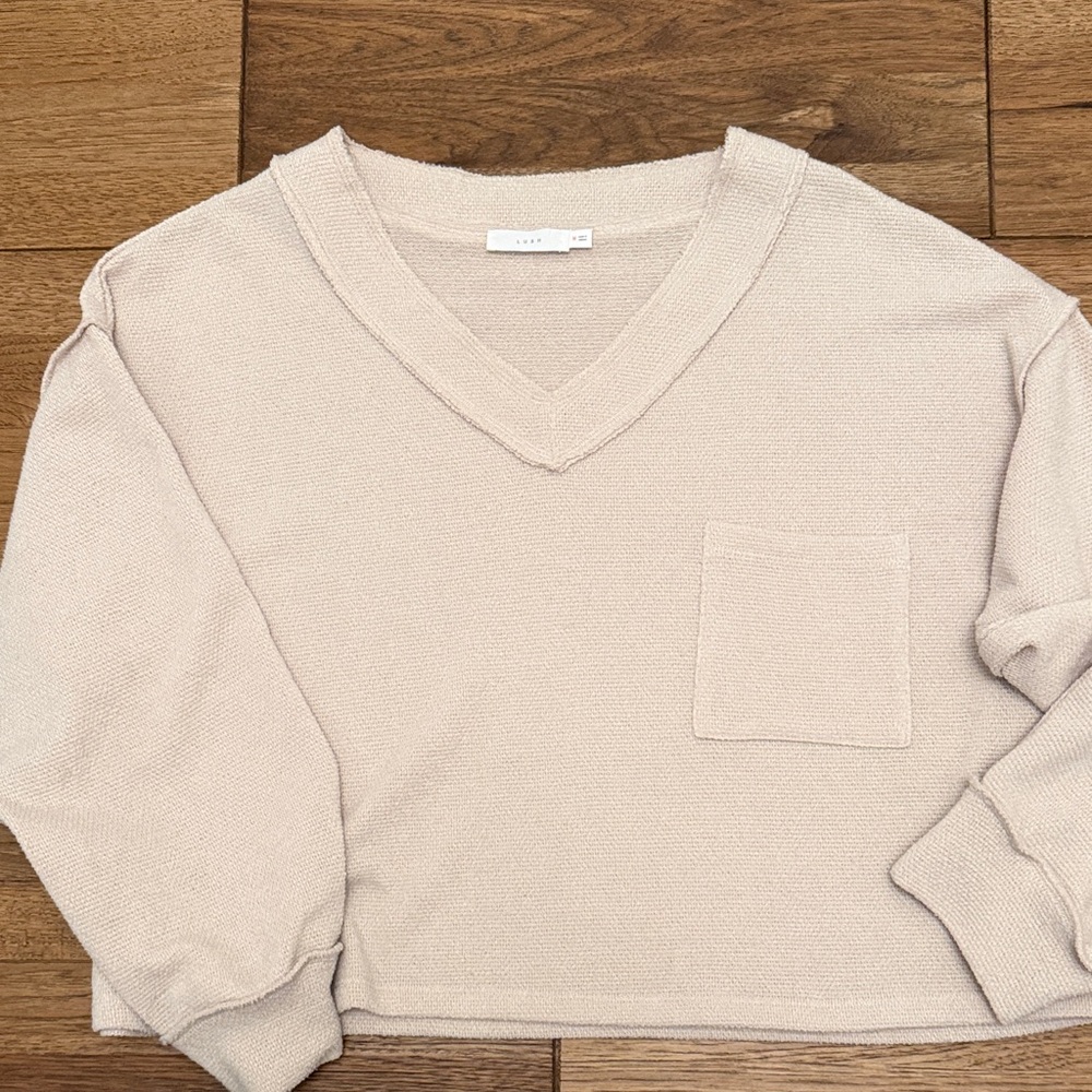 Lush Cream V-Neck Top with Pocket